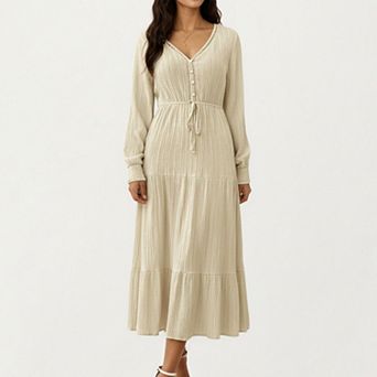 Women’s Pleated V-Neck Dress with Long Sleeves and Waist Tie