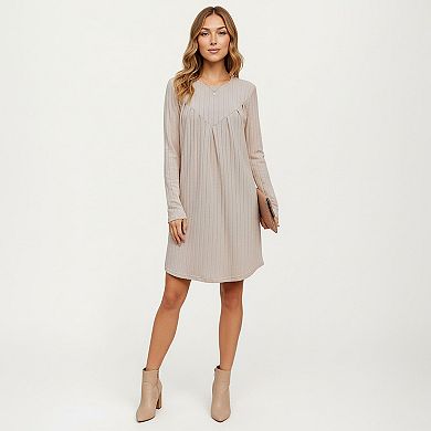 Women’s Long Sleeve Pleated Dress with Vertical Stripes