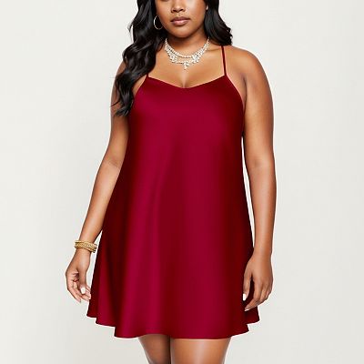 Anna-Kaci Lounge Women's PLus Size Satin Slip Dress with Soft Draping Fabric, Adjustable Spaghetti Straps and A-Line Silhouette - 1X, Burgundy