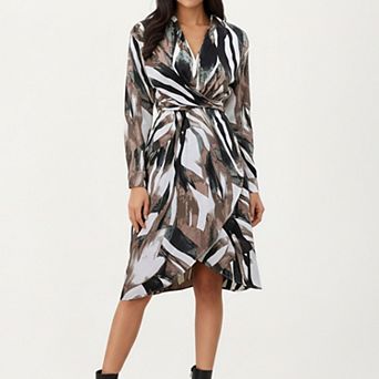 Women’s Abstract Print Long Sleeve Wrap Dress with Belt and Asymmetrical Hem for a Flattering Fit