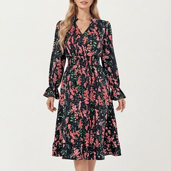 Women’s Floral Print Smocked Waist Dress with Long Sleeves, V-Neckline, and Ruffled Hem
