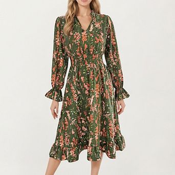 Women’s Floral Print Smocked Waist Dress with Long Sleeves, V-Neckline, and Ruffled Hem
