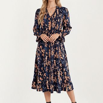 Women’s Floral Print Smocked Waist Dress with Long Sleeves, V-Neckline, and Ruffled Hem