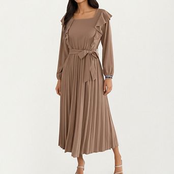 Women’s Pleated Dress with Ruffled Shoulders, Waist Tie, and Long Sleeves