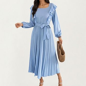 Women’s Pleated Dress with Ruffled Shoulders, Waist Tie, and Long Sleeves