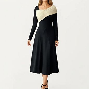 Women’s Black Midi Dress with Off-Shoulder Knit Detail and Long Sleeves