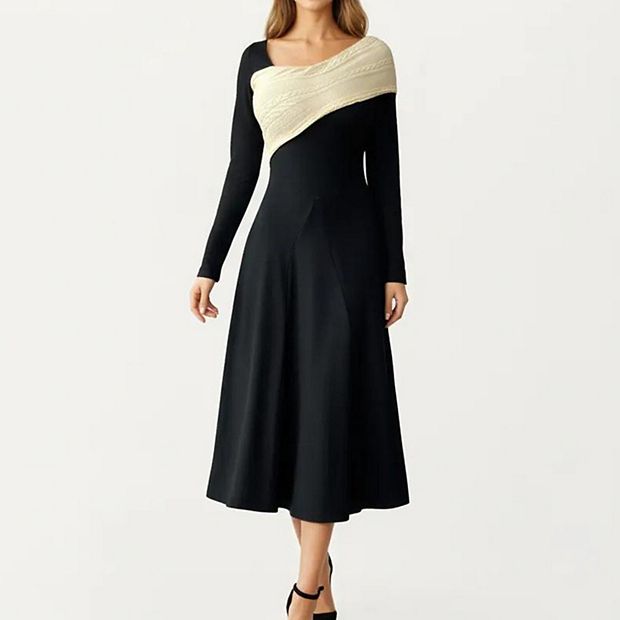 Anna-Kaci Women's Black Midi Dress with Off-Shoulder Knit Detail and Long Sleeves - Black