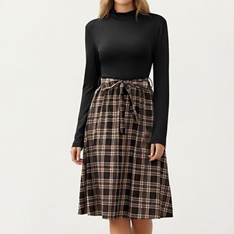 Women’s Long Sleeve Turtleneck Plaid Dress with Waist Tie