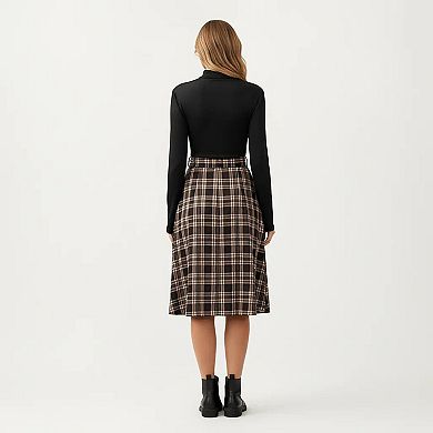 Women’s Long Sleeve Turtleneck Plaid Dress with Waist Tie