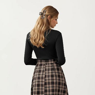 Women’s Long Sleeve Turtleneck Plaid Dress with Waist Tie
