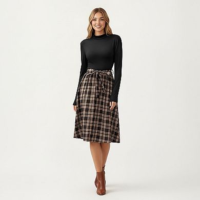 Women’s Long Sleeve Turtleneck Plaid Dress with Waist Tie