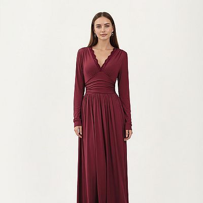 Anna-Kaci Women s V-Neck Long Sleeve Maxi Dress with Lace Detail and Side Slit for Elegant Flowing Fit, Medium 8-10 / Black