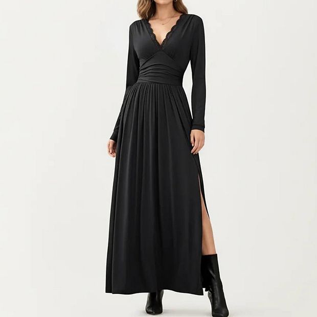 chinese dress ladies Sexy V Neck Lace Up Long Dress Women Autumn Long Sleeve Solid Color Casual Maxi  Dresses Elegant Ladies Party Female Vestidos main image 0