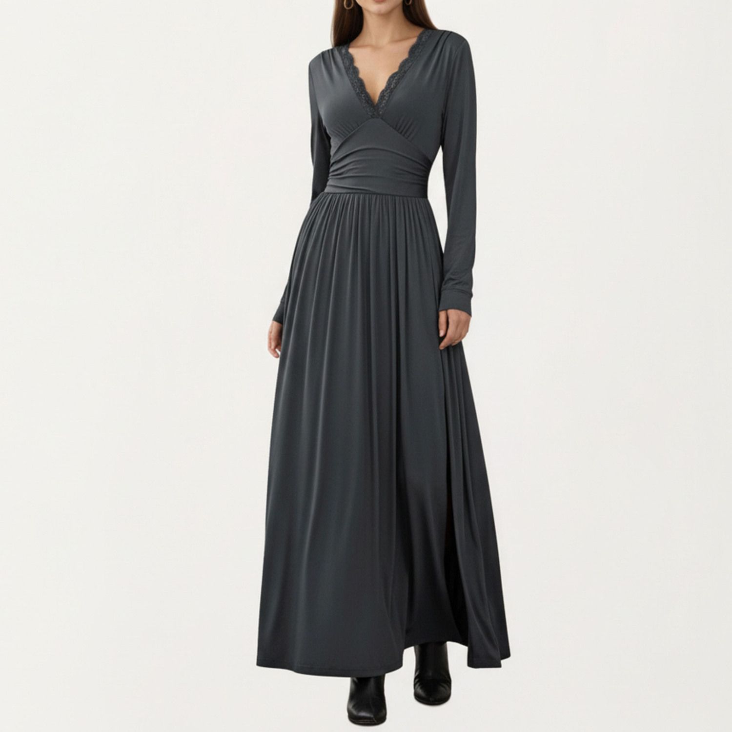 Женские платья V-Neck Long Sleeve Maxi Dress with Lace Detail and Side Slit for Elegant Flowing Fit