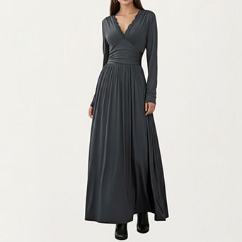 Women’s V-Neck Long Sleeve Maxi Dress with Lace Detail and Side Slit for Elegant Flowing Fit