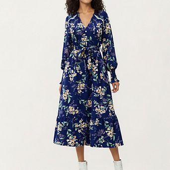 Women’s Floral Print Dress with V-Neckline, Long Sleeves, and Waist Tie