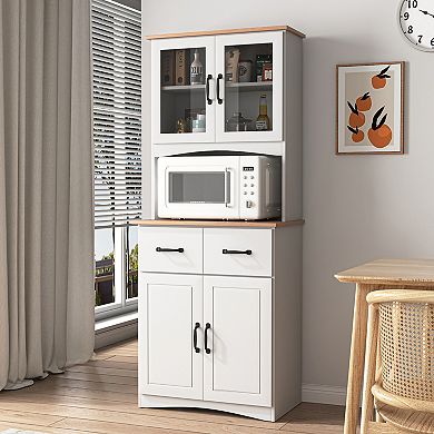 Wooden Kitchen Pantry Cabinet with Glass Doors and Storage Drawer