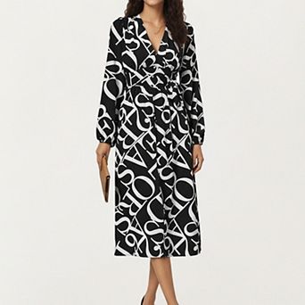 Women’s Black and White Abstract Logo Print Long Sleeve Wrap Dress with Belt and Asymmetrical Hem