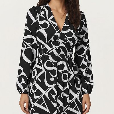 Anna-Kaci Women s Black and White Abstract Logo Print Long Sleeve Wrap Dress with Belt and Asymmetrical Hem, Large 12-14 / Black