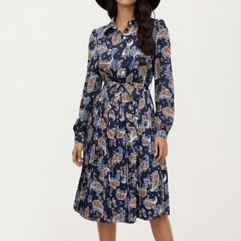 Women’s Paisley Print Pleated Shirt Dress with Tie Waist and Long Sleeves for a Flattering Fit