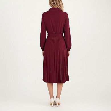 Women’s Pleated Midi Dress with Button-Down Front, Long Sleeves, and Waist Tie