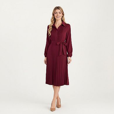Women’s Pleated Midi Dress with Button-Down Front, Long Sleeves, and Waist Tie