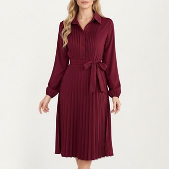 Women’s Pleated Midi Dress with Button-Down Front, Long Sleeves, and Waist Tie