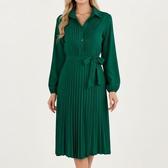 Women’s Pleated Midi Dress with Button-Down Front, Long Sleeves, and Waist Tie