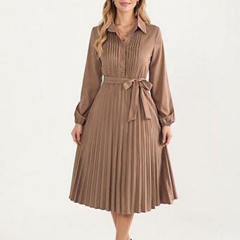 Women’s Pleated Midi Dress with Button-Down Front, Long Sleeves, and Waist Tie