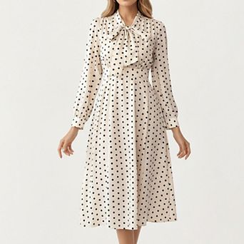 Women’s Polka Dot Long Sleeve Dress with Bow Tie Neckline