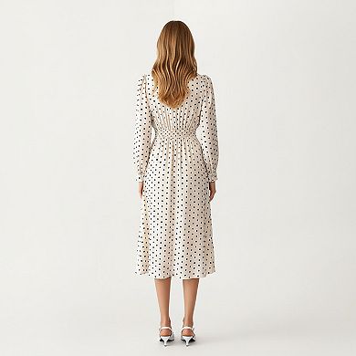 Women’s Polka Dot Long Sleeve Dress with Bow Tie Neckline