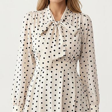 Women’s Polka Dot Long Sleeve Dress with Bow Tie Neckline