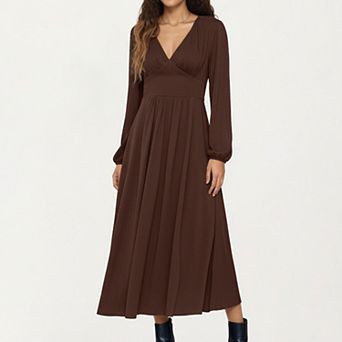Women’s Long Sleeve Brown Dress with V-Neck and Elastic Waist