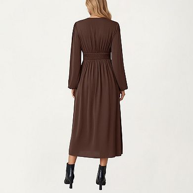 Women’s Long Sleeve Brown Dress with V-Neck and Elastic Waist