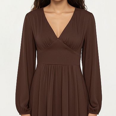 Women’s Long Sleeve Brown Dress with V-Neck and Elastic Waist