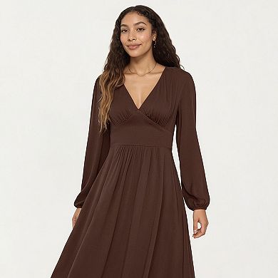 Women’s Long Sleeve Brown Dress with V-Neck and Elastic Waist