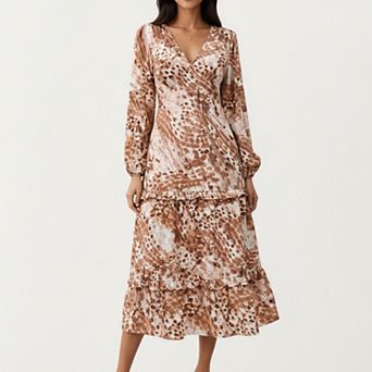 Women’s Brown Animal Print Tiered Dress with Long Sleeves and V-Neckline