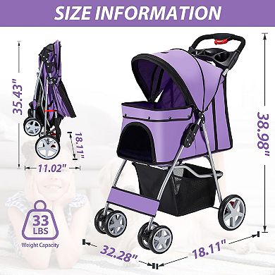 Foldable 4-Wheel Pet Stroller with Storage