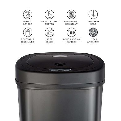 Ninestars Classic Rectangular 13-Gallon Black Stainless Steel Motion Sensor Trash Can