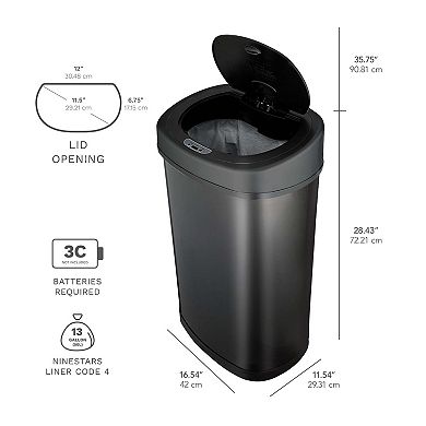 Ninestars Classic Rectangular 13-Gallon Black Stainless Steel Motion Sensor Trash Can
