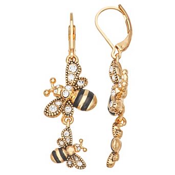 Napier Gold Tone Double Bee Drop Leverback Earrings