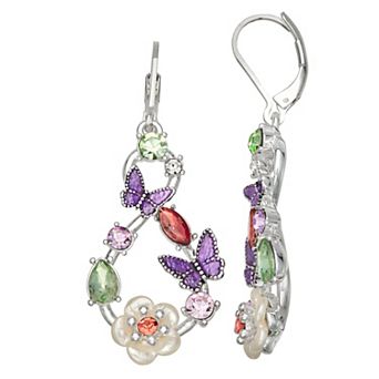 Napier Silver Tone Butterfly Flower Drop Leverback Earrings