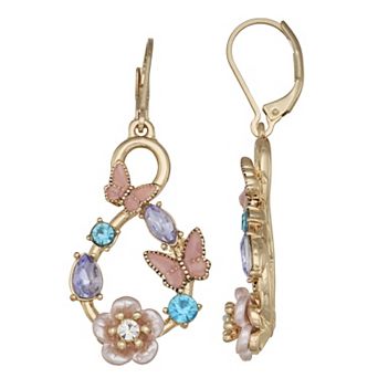 Napier Gold Tone Butterfly Flower Drop Leverback Earrings