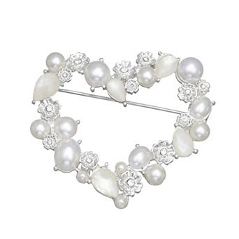 Napier Silver Tone Simulated Pearl Heart Pin