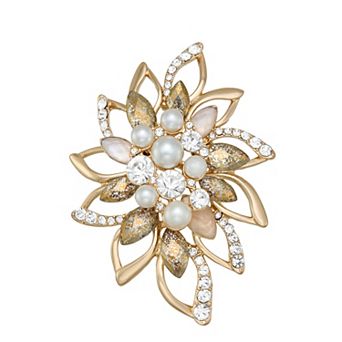 Napier Gold Tone Elevated Cluster Simulated Stones & Simulated Pearl Pin