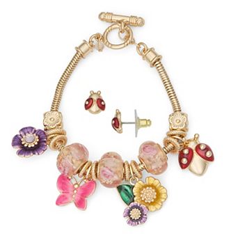 Napier Gold Tone Elevated Flowers Bracelet & Stud Earring Set