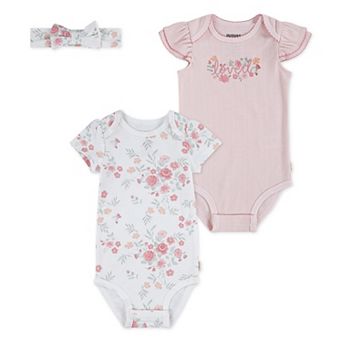 Newborn Baby Girls Huggies Babywear Floral Ruffle 2-Pack Bodysuits & Headband 3 pc Set