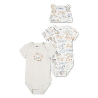 Newborn Baby Boys Huggies Babywear 100% Organic Cotton 2-Pack Zoo Animals Bodysuits & Beanie 3 pc Set