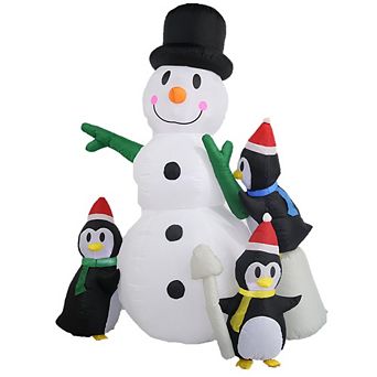 G128 8 ft H Snowman with Three Penguins Christmas Inflatable Decor with LED Lights