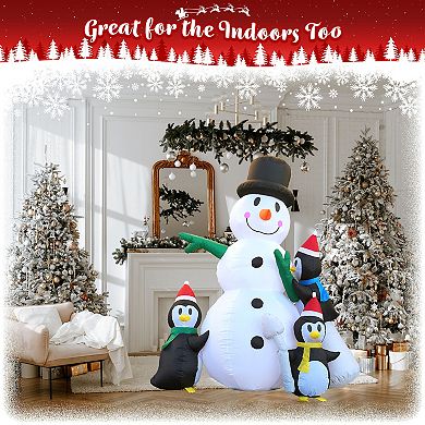 G128 8 ft H Snowman with Three Penguins Christmas Inflatable Decor with LED Lights